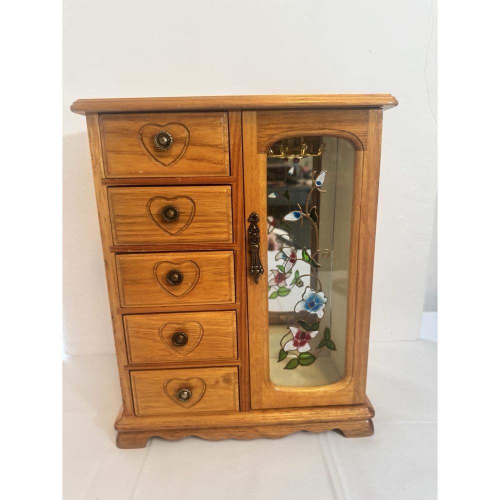 Vintage Y2K Wood Jewelry Armoire Box 5 Drawer Floral Faux Stained Glass Mirror ~